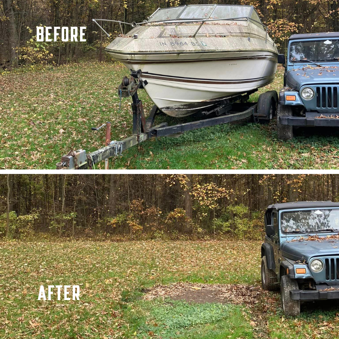 Side-by-side comparison of before and after junk boat removal from a wooded residential property in Valparaiso, IN.