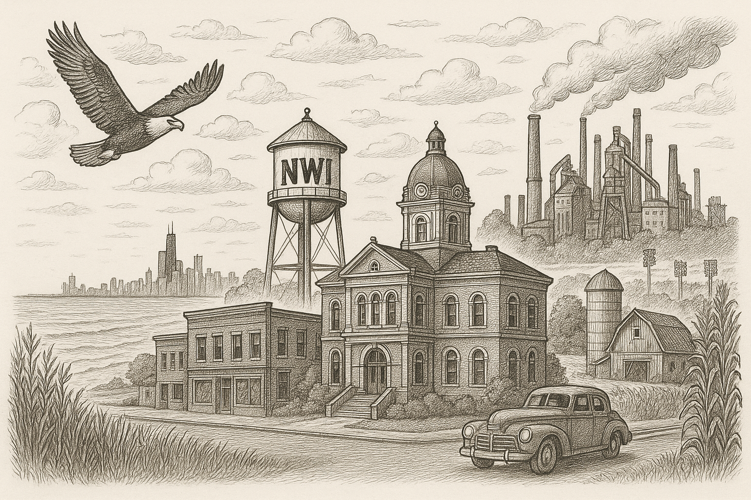 A detailed vintage-style sketch of Eddie the Eagle flying over Northwest Indiana, protecting the community and watching over homes, farms, and local industry. The NWI water tower, courthouse, and city skyline symbolize Patriot Clean Out’s dedication to keeping properties safe, clean, and junk-free across Northwest Indiana.