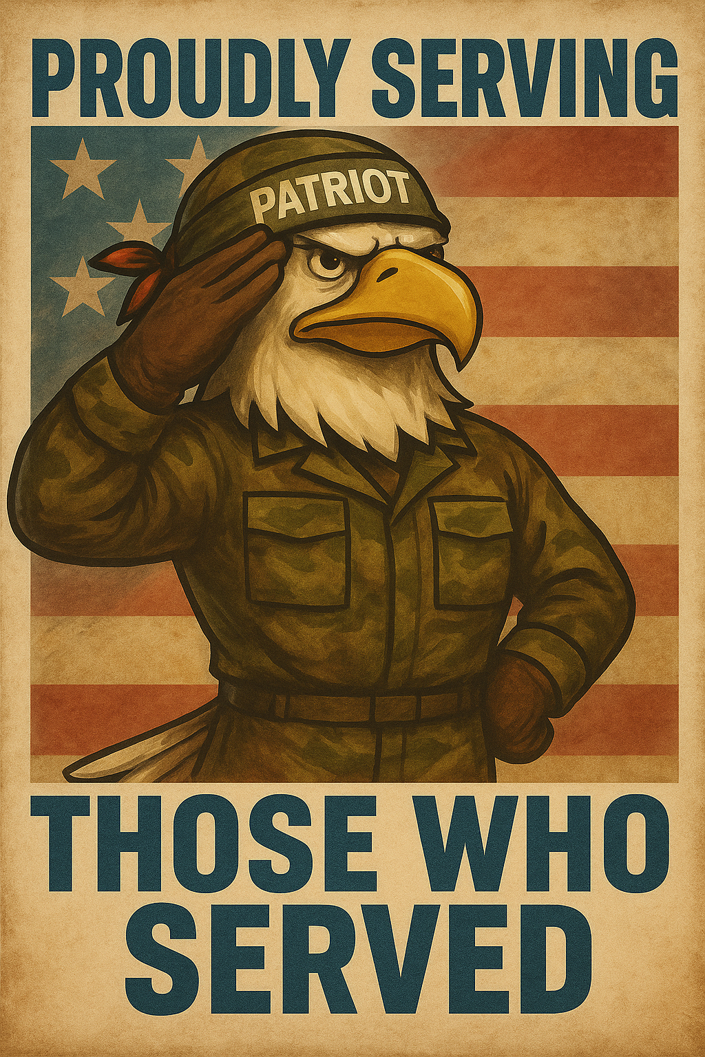 A vintage World War II–style poster featuring Eddie the Eagle from Patriot Clean Out saluting in military uniform with the words “Proudly Serving Those Who Served” over a faded American flag background. Represents Patriot Clean Out’s veteran-owned pride and 10% discount for veterans across Northwest Indiana.
