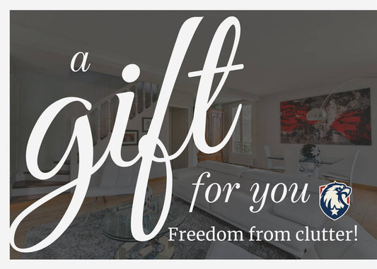Patriot Clean Out Gift Card for demo and junk removal in NWI, featuring elegant living room background and bold 'Freedom from clutter' message.