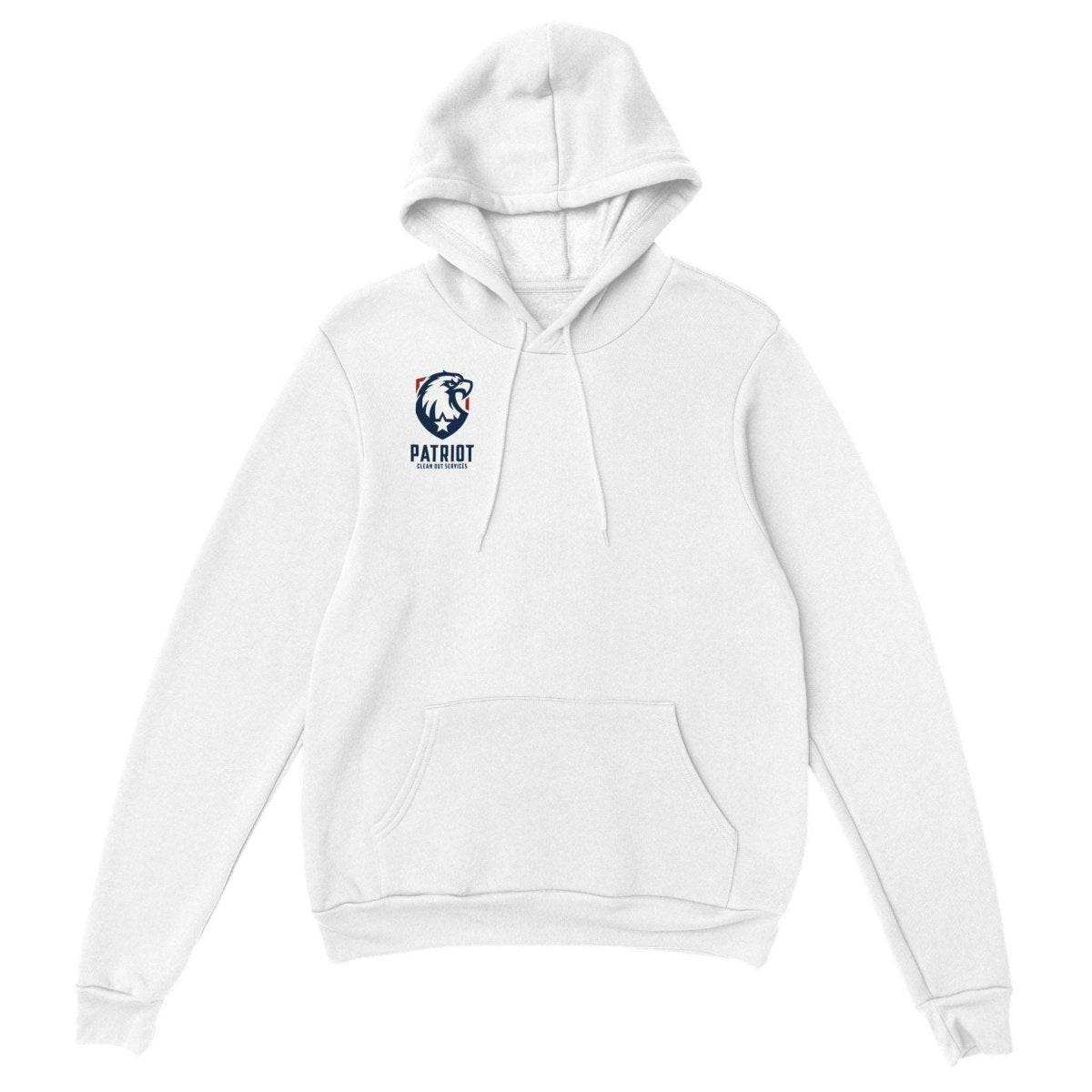 Patriotic Sweatshirt Hoodie. Premium Unisex Pullover with Patriot Clean Out Logo - Print Material - White