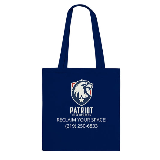 Patriotic Tote Bag from Patriot Clean Out Services of Valpo featuring a bold eagle logo and contact info, perfect for supporting veteran-owned businesses.