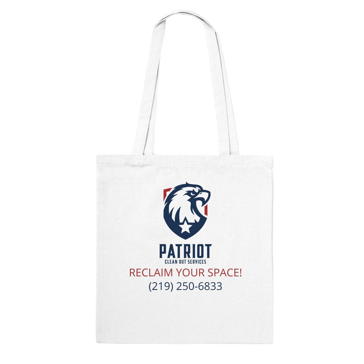 Patriotic Tote Bag from Patriot Clean Out Services of Valpo featuring bold eagle logo and contact info, ideal for supporting veteran-owned businesses.