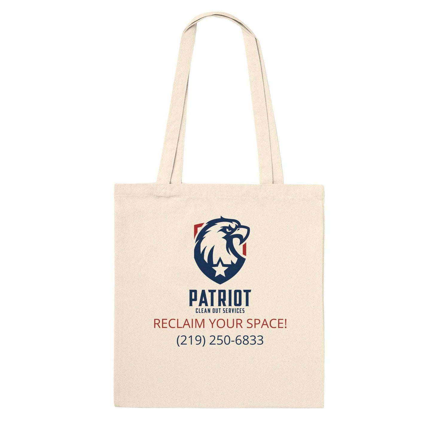 Patriotic Tote Bag from Patriot Clean Out Services of Valpo featuring bold eagle logo and contact info. Ideal for supporting veteran-owned businesses.