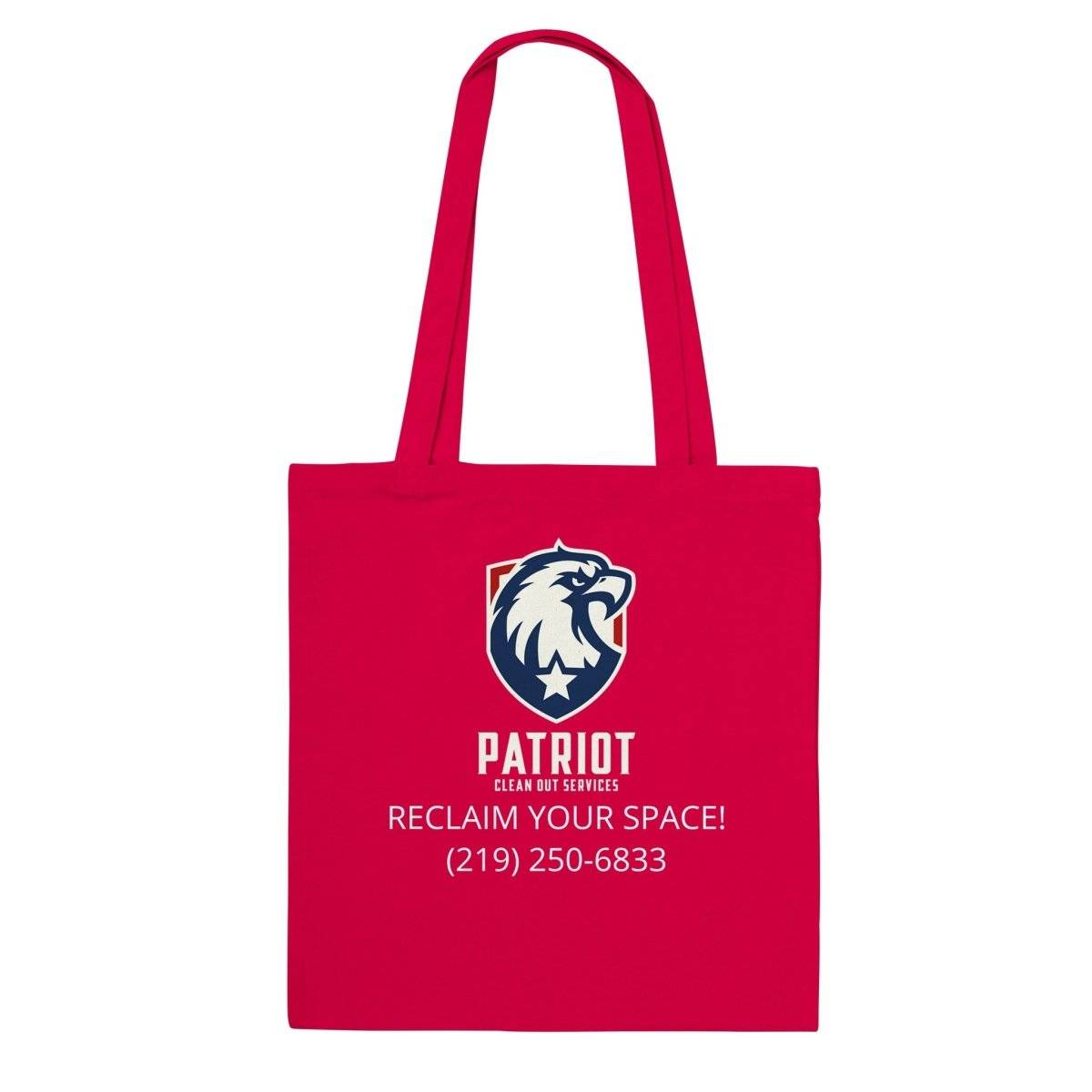 Patriotic Tote Bag from Patriot Clean Out Services of Valpo in bold red with eagle logo and contact info, ideal for supporting Disabled American Veterans.