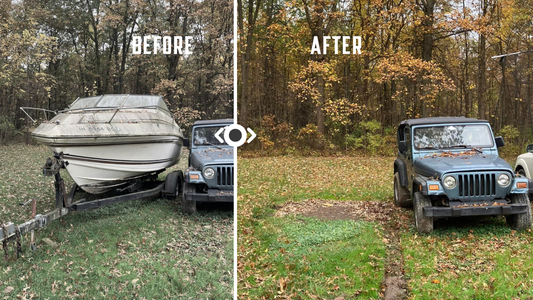 Before and after image showing abandoned boat removal by Patriot Clean Out in Northwest Indiana. Left: junk boat next to a Jeep; Right: cleaned property after removal.