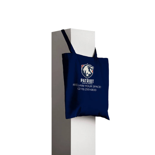 Patriotic Tote Bag from Patriot Clean Out Services of Valpo featuring bold logo and contact info, perfect for supporting Disabled American Veterans.