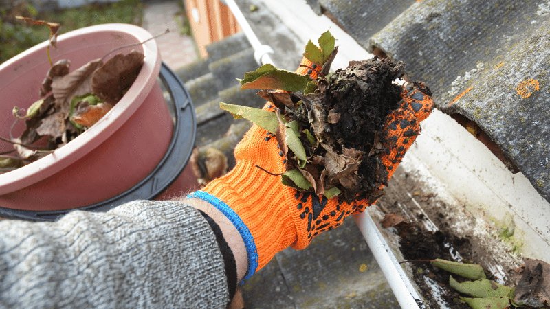 Dirty and overflowing gutters on a house in Northwest Indiana. Patriot Clean Out offers professional residential gutter cleaning services to prevent water damage.
